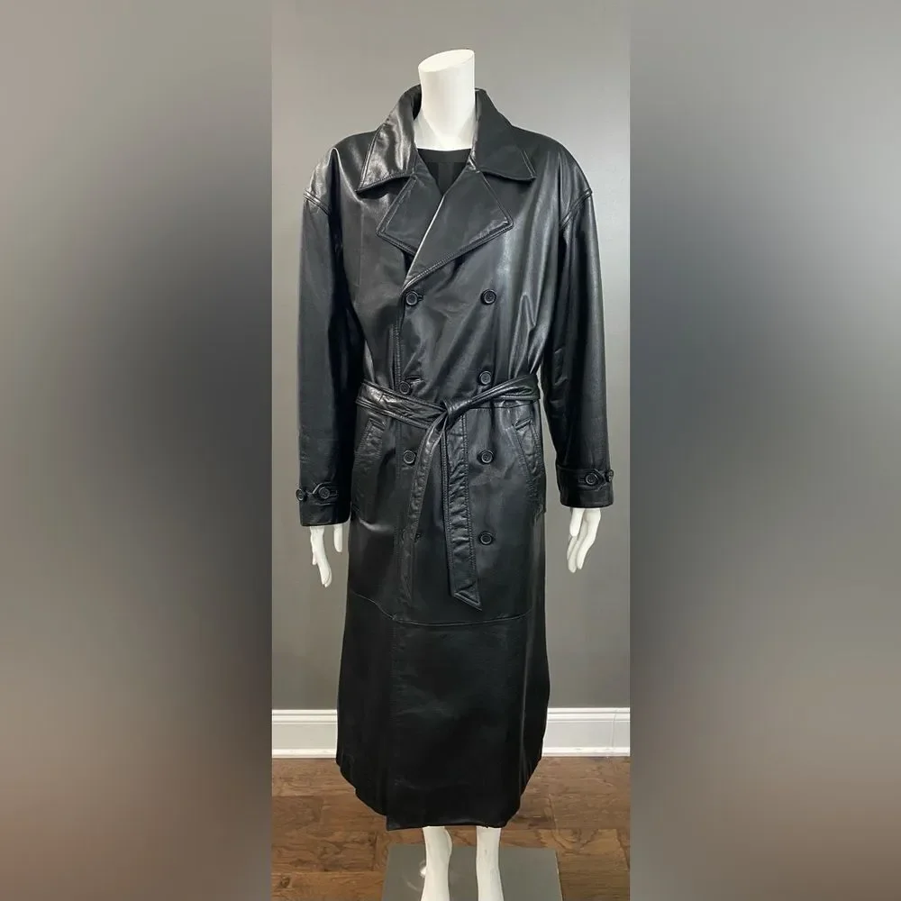 Wilson’s Blk Leather Double Breasted Belted Button Up Full Length Trench Coat M - Picture 3 of 14